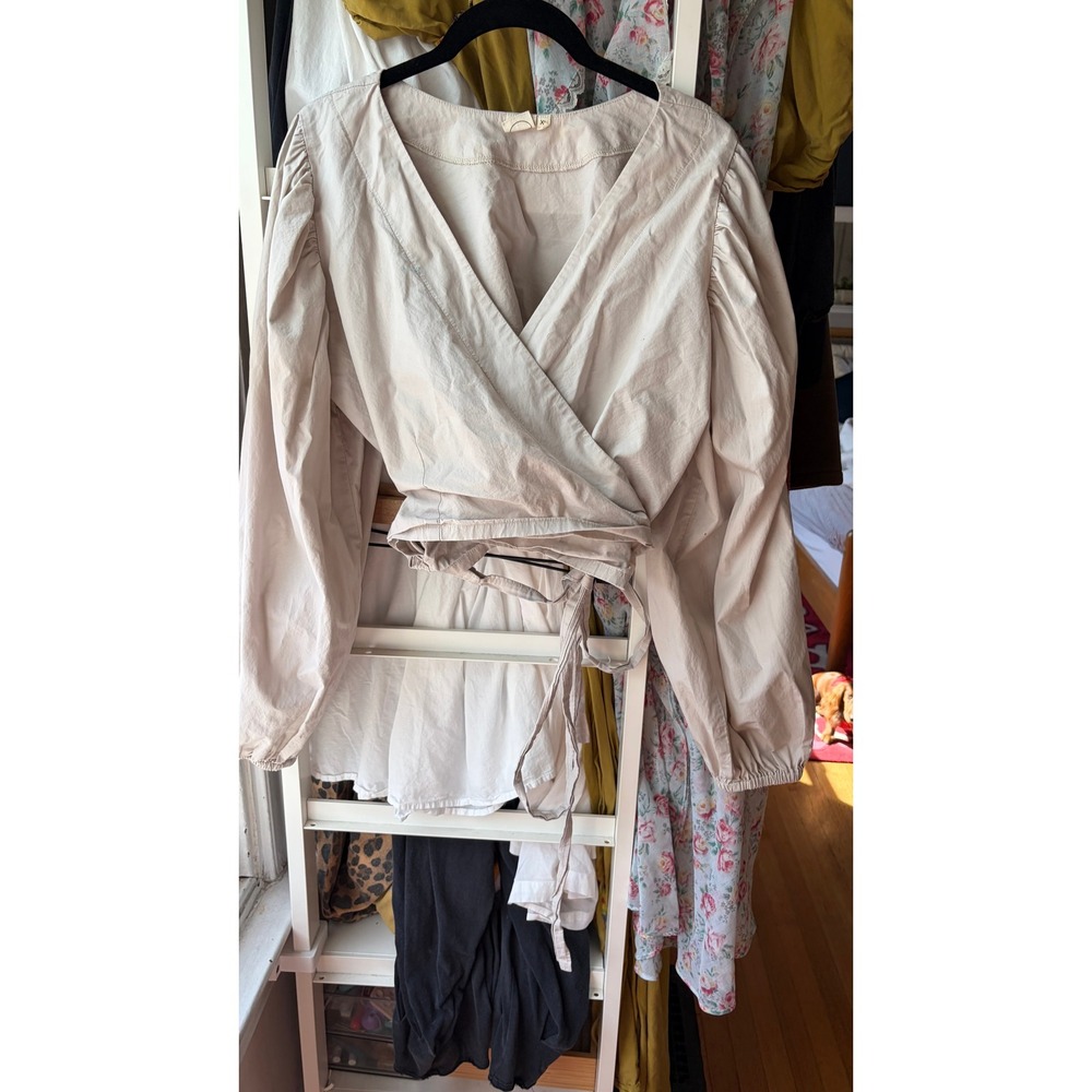 Shelter Gloria Wrap Top Womens XL Beige Puff Sleeve Cotton Blouse Tie Front